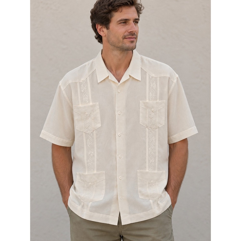 Cubavera Mens XXL Linen Blend Solid White Short Sleeve Button Down Embroidered